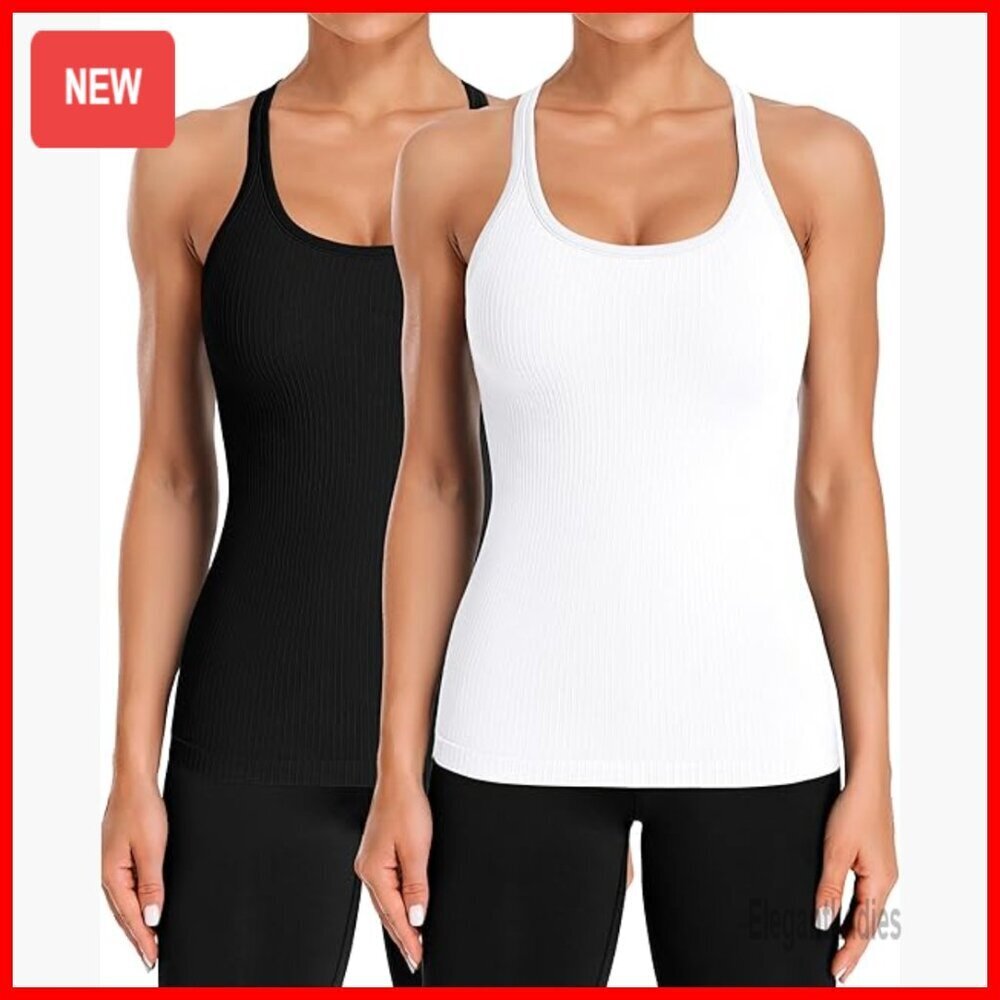 Ribbed Seamless Yoga Tank Top with Built-in Bra, 2-Pack